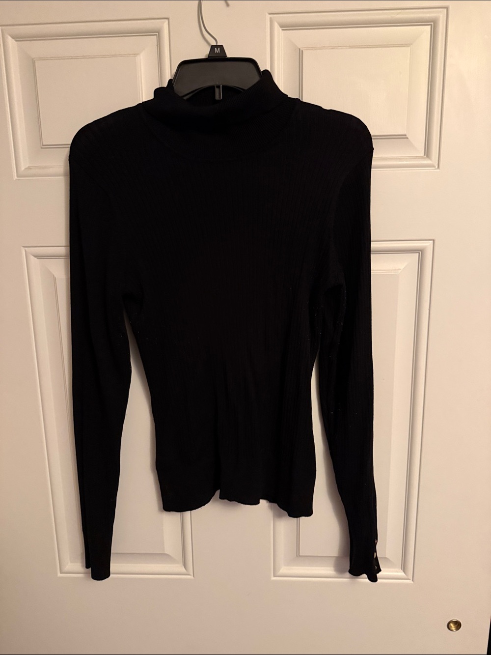 Black Ribbed Mock Neck Long-Sleeve Top with Gold Button Details